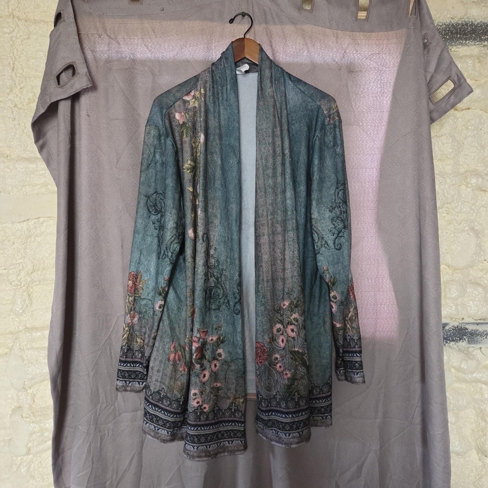 Blouse Womens Plus 3XL Blue V Neck Long Sleeve Floral Kimono Tunic Top
